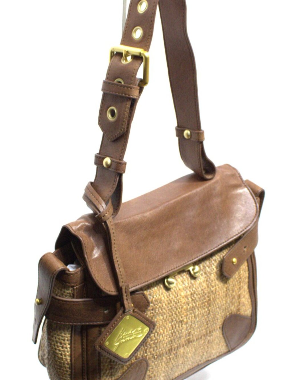 Mark&James Badgley Mischka Raffia and Leather Shoulder Bag with Gold Hardware